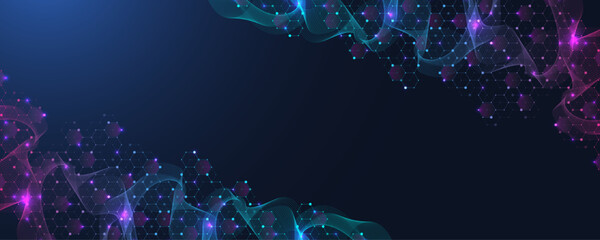 Fototapete - Hexagonal digital abstract background. Technology concept with lines, dots and hexagons for poster, banner, header, footer