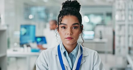 Aufkleber - Face, woman and scientist in lab for research, pharma or healthcare innovation. Portrait, science and confident medical doctor, professional and chemical engineer working on development of medicine