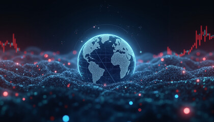 Poster - A glowing globe surrounded by red and blue dots on a dark background suggests a tech-inspired financial theme.
