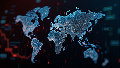 Poster - A blue world map with a stock market chart in a dark, tech-savvy setting, creating a futuristic vibe.