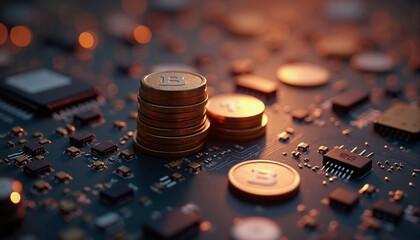 Poster - Cryptocurrency coins stack atop a circuit board, with a blurred tech backdrop, evoking a sense of mystery.