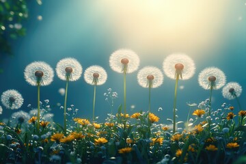 Wall Mural - Delicate White Dandelions Bloom in a Vibrant Meadow Under Clear Blue Skies with Expansive Copy Spa