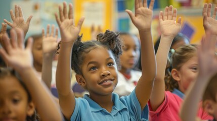Poster - Young students eagerly participate in class, raising their hands to answer questions and engage with the lesson