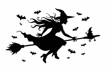 Wall Mural - witch flying on a broomstick silhouette on white background