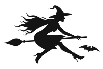 Wall Mural - witch flying on a broomstick silhouette on white background