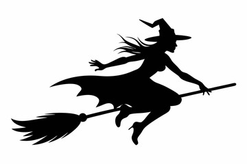 Wall Mural - witch flying on a broomstick silhouette on white background