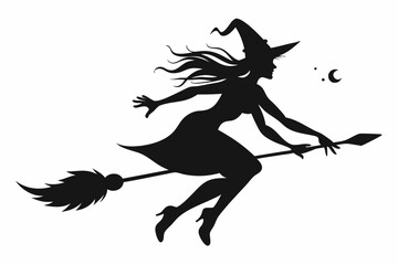 Wall Mural - witch flying on a broomstick silhouette on white background