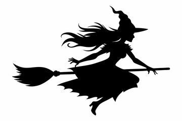 Wall Mural - witch flying on a broomstick silhouette on white background