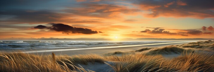 Wall Mural - Naturalistic Tranquility Sunset Over Dunes with Maritime Themes