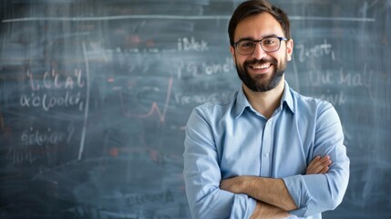 Poster - A smiling lecturer poses with arms crossed in front of a chalkboard filled with notes and equations