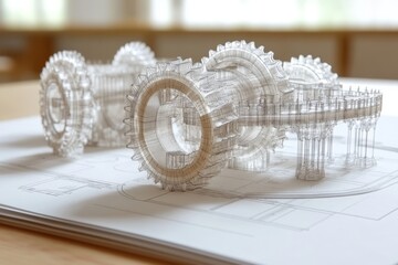 Canvas Print - Detailed wireframe model of gears symbolizing the intersection of digital design and mechanical engineering in modern industry