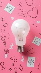 Poster - A white light bulb sits on a pink backdrop decorated with whimsical doodles and sketches, creating a lively and artistic ambiance