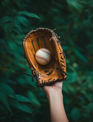 Close-up of a baseball glove catching a ball against a green foliage background.