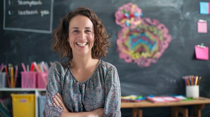 Aufkleber - A happy teacher smiles warmly while surrounded by colorful stationery and classroom decorations, exuding enthusiasm for teaching and learning