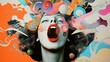 © klss777 - A surreal collage features an expressive female head among vibrant shapes and whimsical designs.