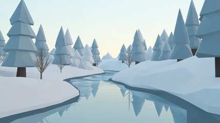 Poster - winter landscape with a winding river surrounded by snow-covered trees at dawn