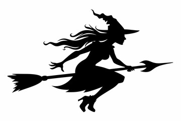 Wall Mural - witch flying on a broomstick silhouette on white background