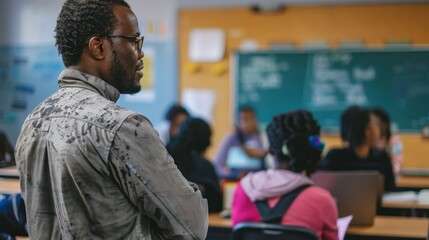 Poster - A teacher interacts with adult learners seated at desks, focused on their studies in a bright classroom environment