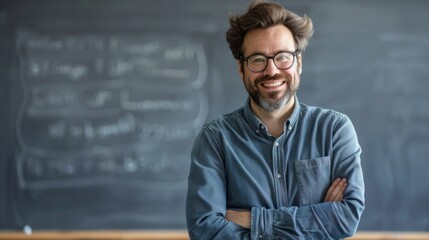 Poster - A lecturer stands confidently with a smile in front of a chalkboard, ready to inspire learners in an educational environment