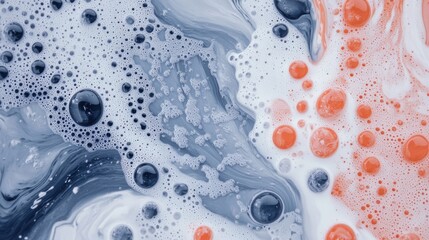 Poster - Dynamic swirls of paint blend colors and bubbles, forming patterns reminiscent of waves and landscapes, all highlighted by a crisp white background