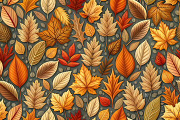 Wall Mural - Seamless autumn leaves pattern, perfect for textiles and decoration. Autumn seamless pattern with fall leaves, plants, and branches. Seasonal colors. Perfect for wallpaper, gift paper, textiles, and g