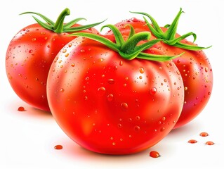 Freshly harvested tomatoes resting on a white surface, showcasing their vibrant red color and lush green stems