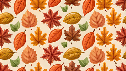 Wall Mural - Seamless autumn leaves pattern, perfect for textiles and decoration. Autumn seamless pattern with fall leaves, plants, and branches. Seasonal colors. Perfect for wallpaper, gift paper, textiles, and g