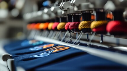 An embroidery machine operates, stitching vibrant designs onto caps in a busy workshop filled with various fabrics.