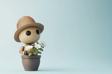 Poster - Adorable miniature robot wearing a sun hat holding a potted plant representing the playful intersection of technology and nature