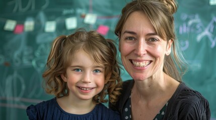 Poster - A happy elementary school teacher smiles alongside her student, surrounded by classroom drawings and educational materials