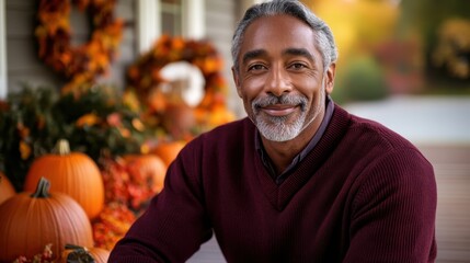 Sticker - Smiling Mature Man Enjoying Autumn Ambience on Porch