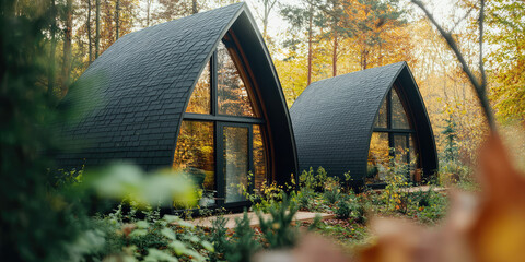 Unusual design eco cabins in the forest surrounded by leaves and plants. Unusual cottages for weekend rentals.