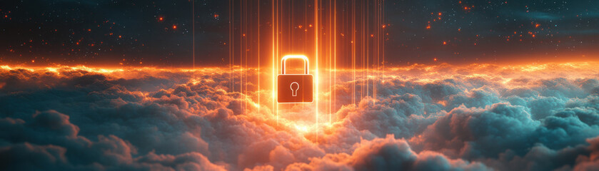 Wall Mural - Cloud security measure,  A vibrant hologram of a lockpad icon floating above a dynamic cloud system, illustrating digital encryption in a serene, sky-like environment, with light