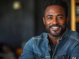 Wall Mural - portrait of a charismatic black man with a friendly smile wearing a stylish denim jacket radiating confidence and warmth