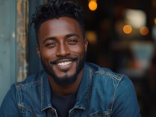 Wall Mural - portrait of a charismatic black man with a friendly smile wearing a stylish denim jacket radiating confidence and warmth