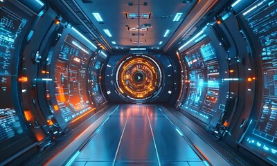 futuristic corridor with glowing screens
