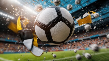 Wall Mural - A dynamic image of a soccer ball flying through the air in a stadium filled with enthusiastic fans and vibrant atmosphere.