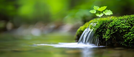 Wall Mural -  A tiny green leaf atop a moss-covered rock, near a small waterfall - water cascades down