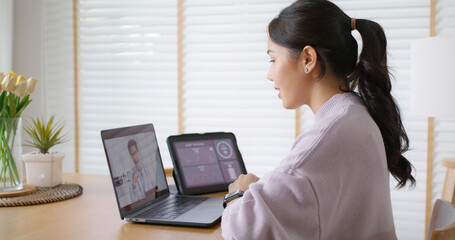 asia people young woman video call talk chat help guide online at home by ai tele consult telehealth