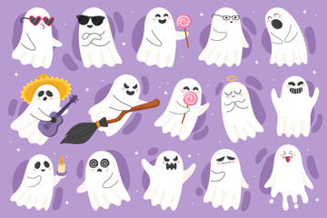 Halloween characters. Cute cartoon ghosts. Stickers, emotions. Spooky, mystical spirits. Various cute рalloween characters, ghosts. Purple background.