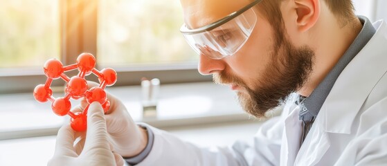Poster - A scientist examines a molecular model in a laboratory, showcasing advanced research and innovative experimentation.