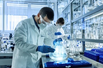 Poster - a scientist in a lab coat examines a glowing flask in a modern laboratory setting, emphasizing resea