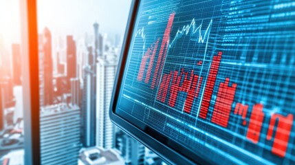 Fototapete - A vibrant cityscape featuring a computer monitor displaying financial data and trends, symbolizing economic growth and analysis.