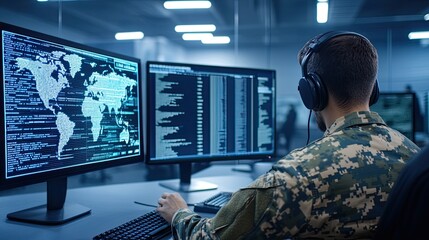 A military-looking man in headphones analyzes complex digital war information in a dimly lit room filled with multiple computer screens