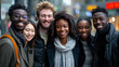© Julia Zarubina - a group of smiling friends of different nationalities on a city street, teenagers, people, cheerful company, guys, girls, African Americans, Europeans, exchange students, men, women, portrait, emotion