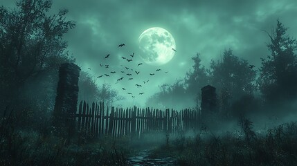 a dark and moody halloween scene with bats flying over a full moon, and an old, rickety wooden fence