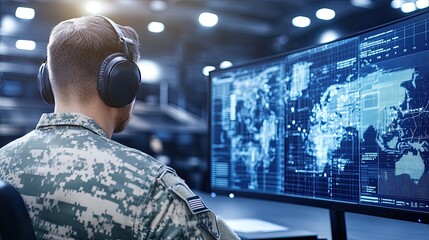 A military-looking man in headphones analyzes complex digital war information in a dimly lit room filled with multiple computer screens