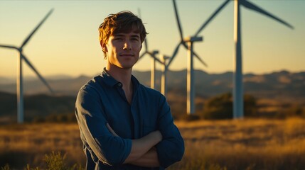 Poster - A young man standing in front of wind turbines