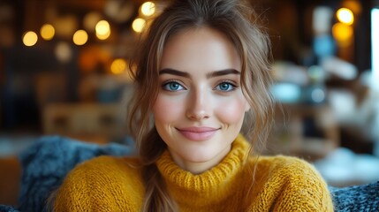 Wall Mural - A woman in a yellow sweater smiles at the camera