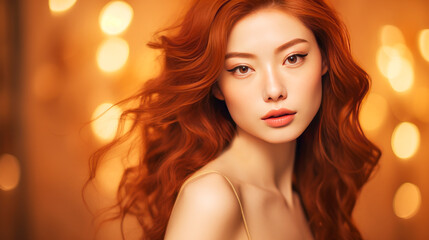 Portrait of a beautiful, sexy, smiling Asian woman with long red hair and perfect skin, golden background, banner.